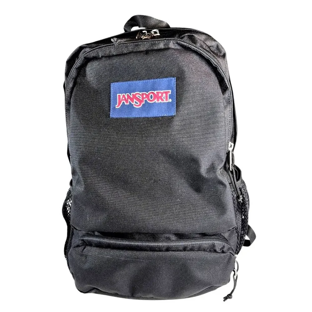 JanSport Doubleton Black Nylon/ Canvas Backpack Full Size Double Zip Around Bag